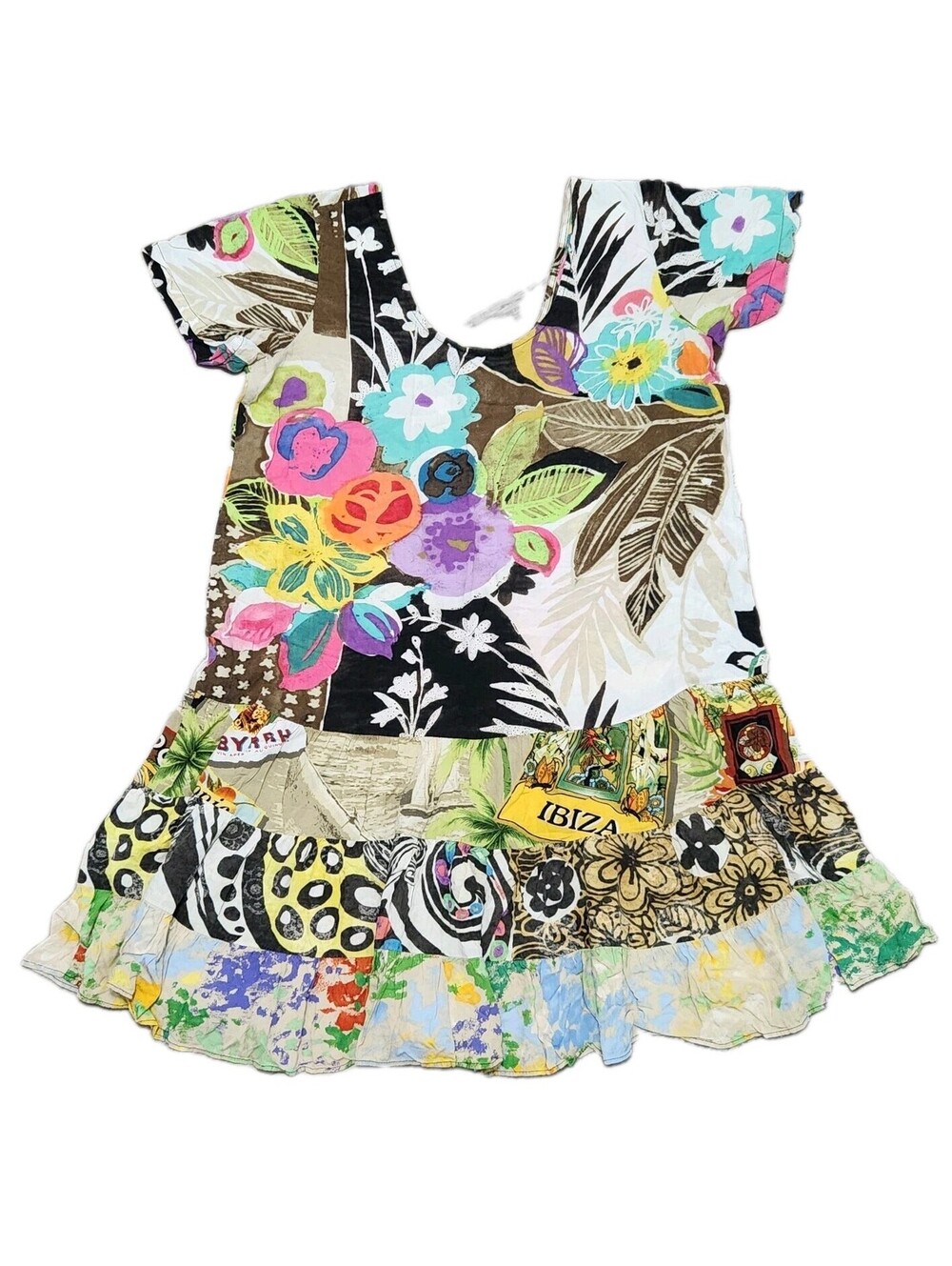 Jams World Vintage Hawaiian Dress 90s Medium Patchwork Summer Tropical Tiered